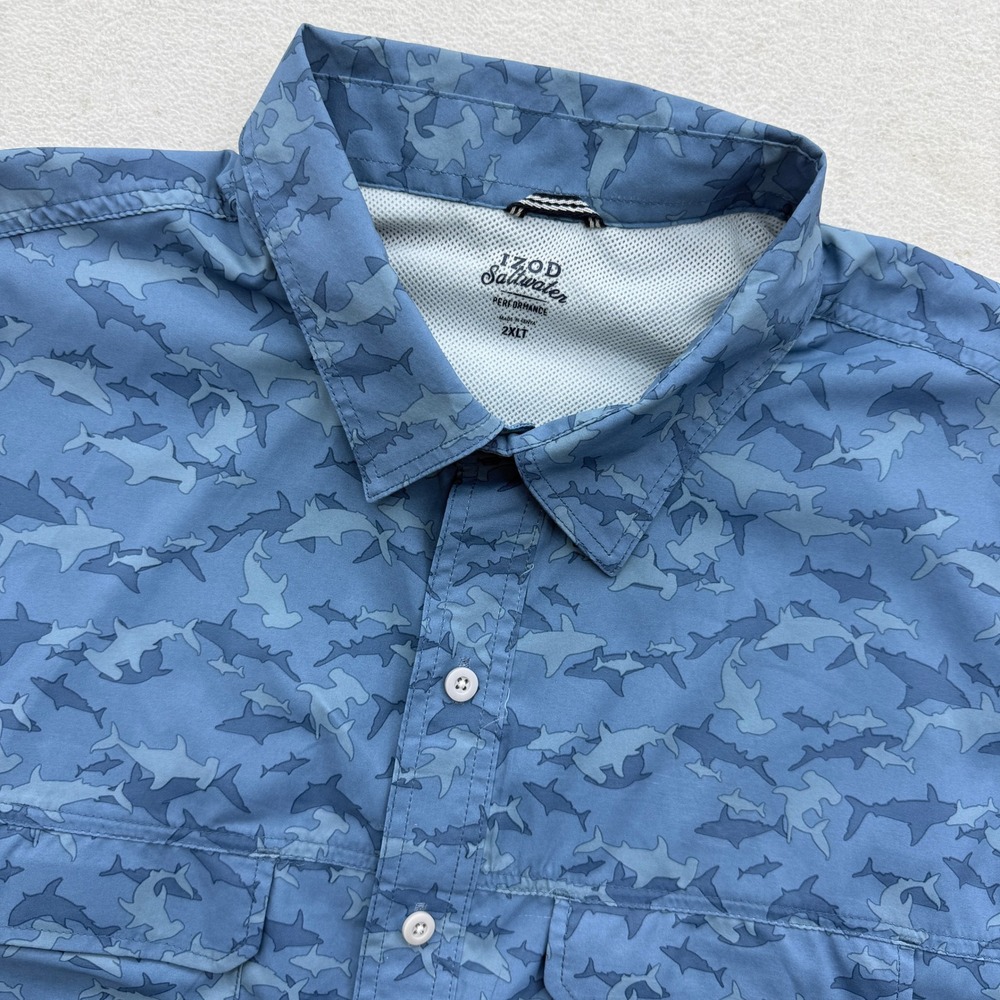IZOD Saltwater Performance Shirt Mens 2XLT Blue Shark Print Short Sleeve Fishing